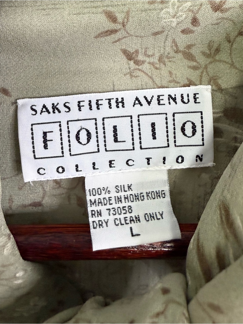 Vintage Saks 100% Silk Floral Cottagecore Green Patterned Tie Neck Blouse Large - Picture 7 of 9